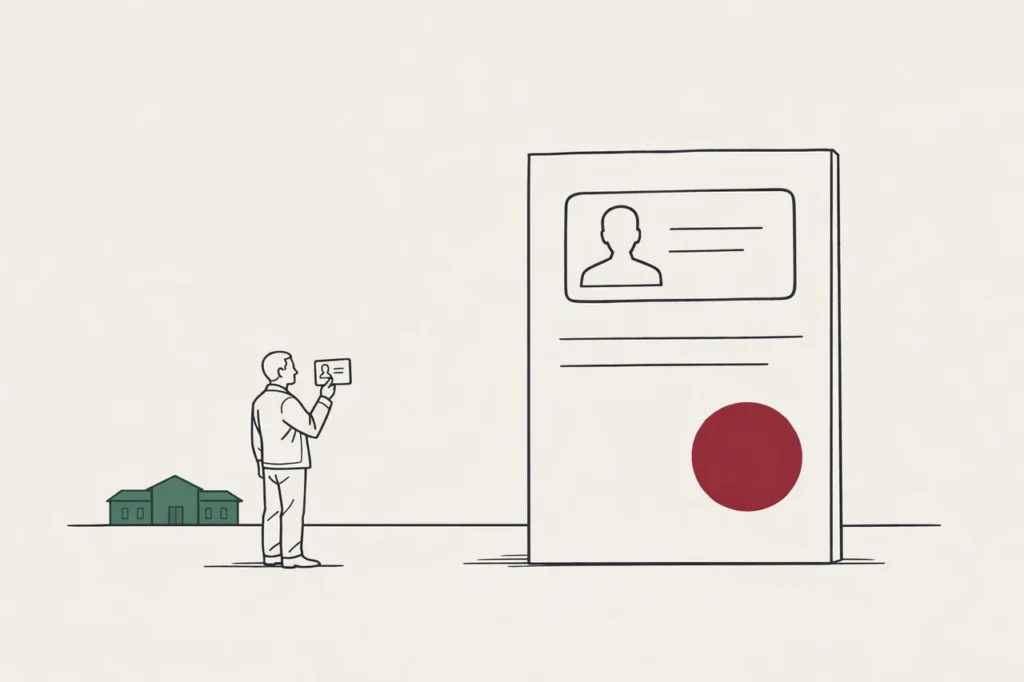 Illustration av KYC-dokumentverifiering på casino utan svensk licens – ID-kort och stämplat dokument